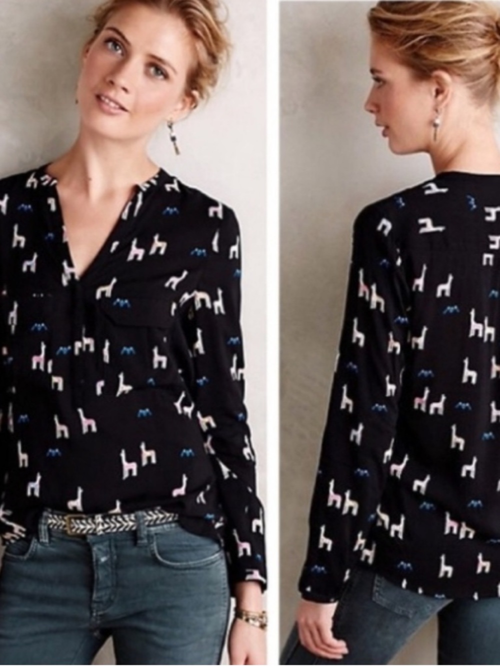 Maeve [Anthropologie] Moonflower Henley Button Llama Print Blouse